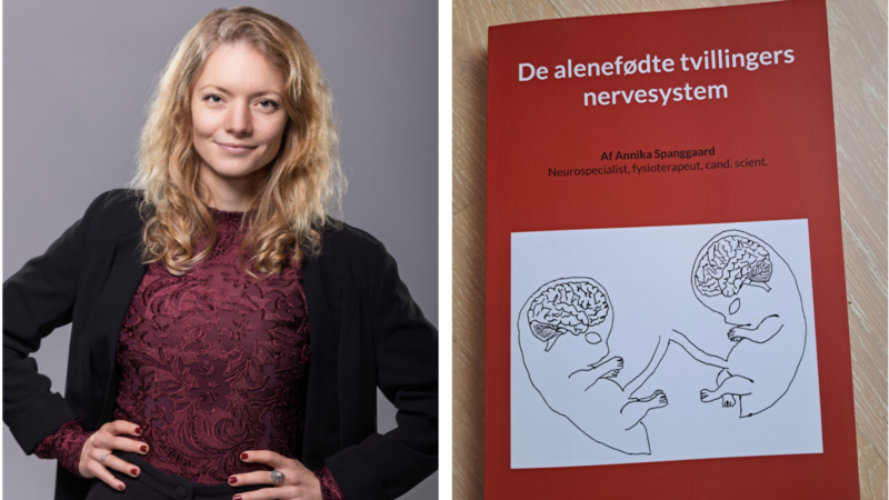 Foto af Annika Spanggaard og bogen 'De alenefødte tvillingers nervesystem'