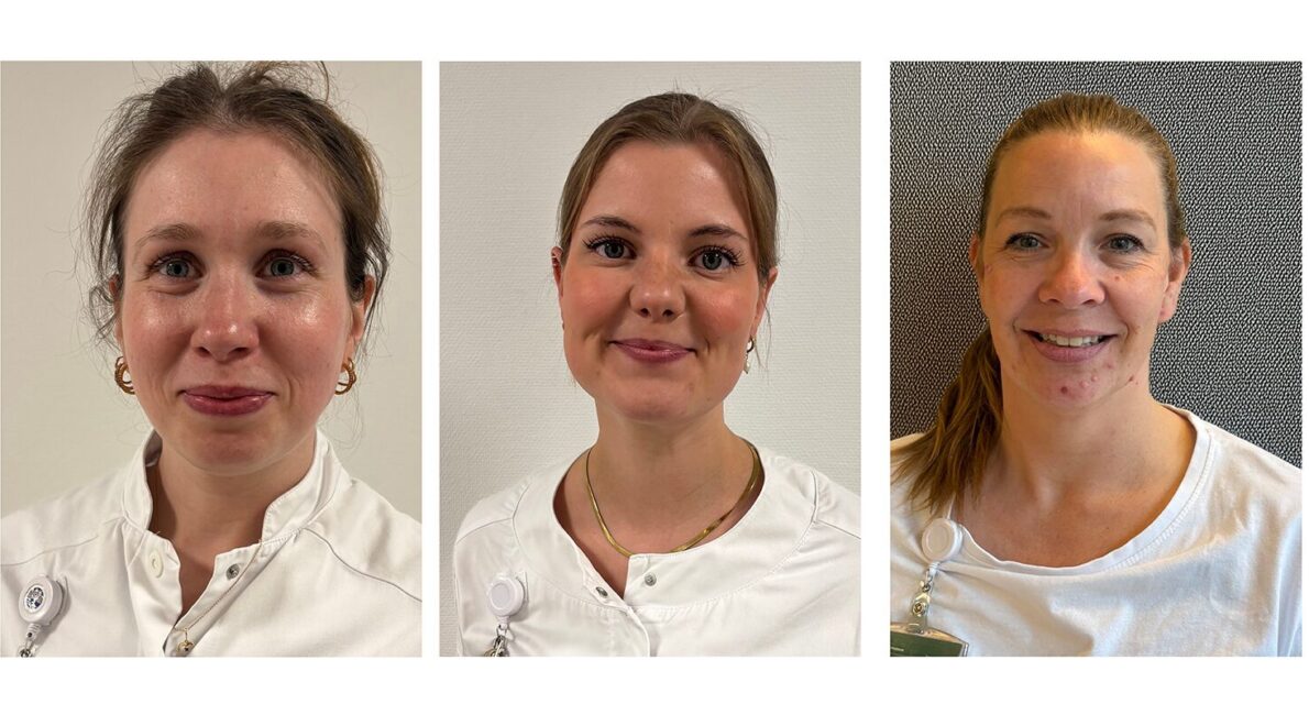 Lykke Palm-Willumsen, jordemoder, (t.v.), Anna Scharfs, jordemoderstuderende, og Maria Hassing, klinisk jordemodersupervisor (KJS), (t.h.)